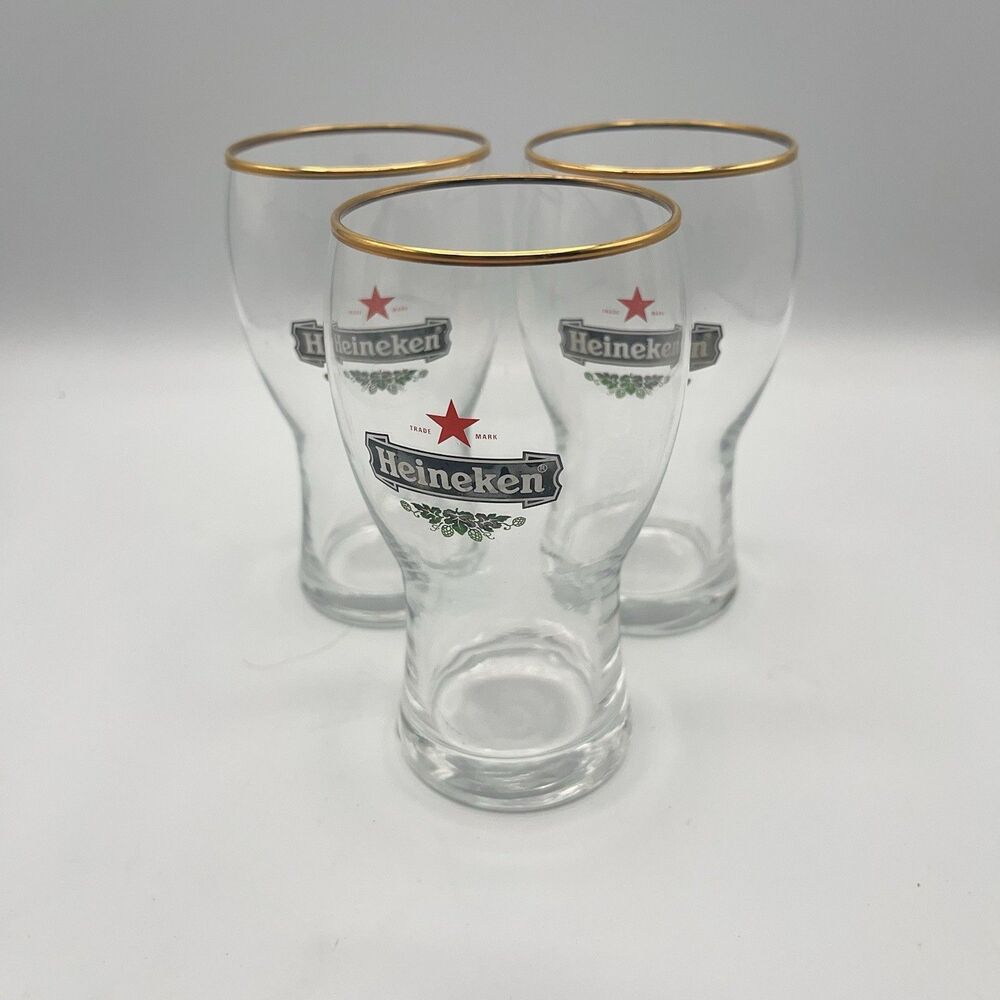 3 Heineken 300 ml Gold Rim Tulip Beer Glasses Holland Netherlands